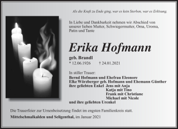 Traueranzeige von Erika Hofmann von Südthüringer Presse