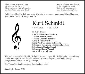 Traueranzeige von Kurt Schmidt von Südthüringer Presse