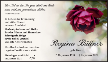 Traueranzeige von Regina Büttner von Südthüringer Presse