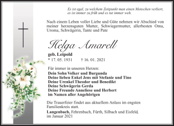 Traueranzeige von Helga Amarell von Südthüringer Presse