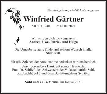 Traueranzeige von Winfried Gärtner von Südthüringer Presse