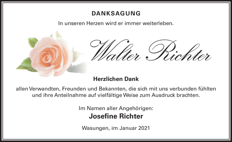  Traueranzeige für Walter Richter vom 23.01.2021 aus Südthüringer Presse