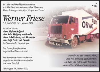 Traueranzeige von Werner Friese von Südthüringer Presse
