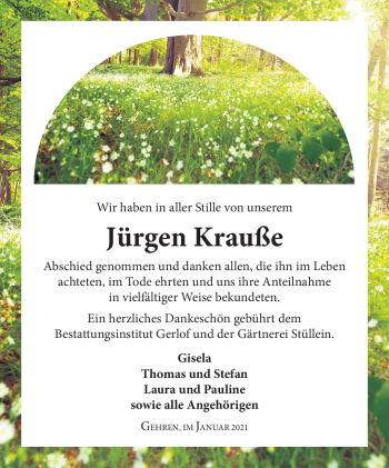 Traueranzeige von Jürgen Krauße von Südthüringer Presse