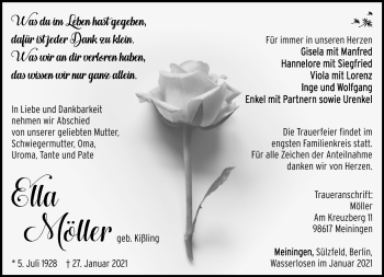 Traueranzeige von Ella Möller von Südthüringer Presse