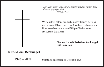 Traueranzeige von Hanne-Lore Recknagel von Südthüringer Presse
