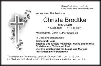 Traueranzeige von Christa Brodtke von Frankenpost