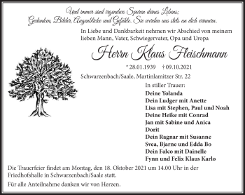 Traueranzeige von Klaus Fleischmann von Frankenpost