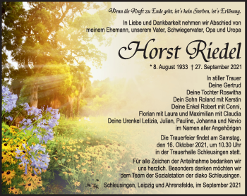 Traueranzeige von Horst Riedel von Südthüringer Presse