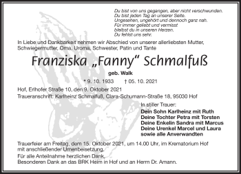 Traueranzeige von Franziska Schmalfuß von Frankenpost