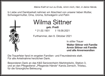 Traueranzeige von Wilma Sittner von Frankenpost
