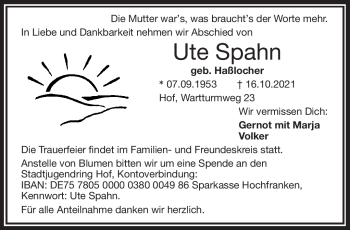 Traueranzeige von Ute Spahn von Frankenpost