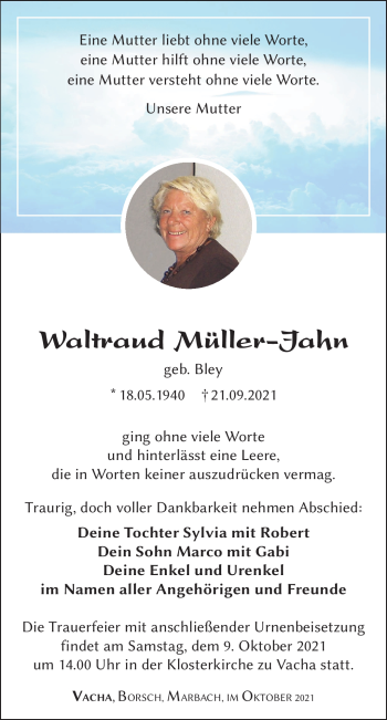 Traueranzeige von Waltraud Müller-Jahn von Südthüringer Presse