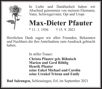 Traueranzeige von Max-Dieter Pfauter von Südthüringer Presse