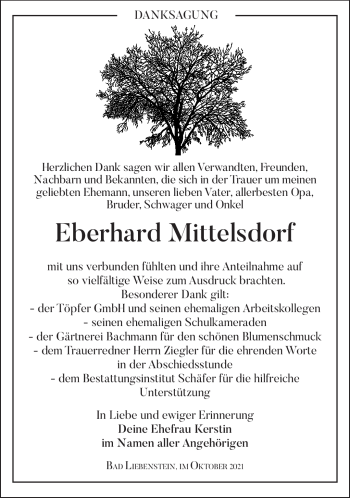 Traueranzeige von Eberhard Mittelsdorf von Südthüringer Presse