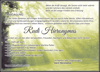 Traueranzeige von Rudi Hieronymus von Südthüringer Presse