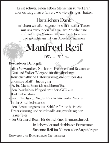 Traueranzeige von Manfred Reif von Südthüringer Presse