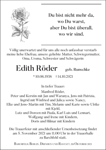 Traueranzeige von Edith Röder von Südthüringer Presse