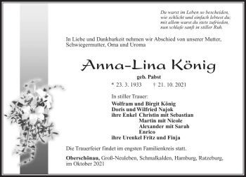 Traueranzeige von Anna-Lina König von Südthüringer Presse