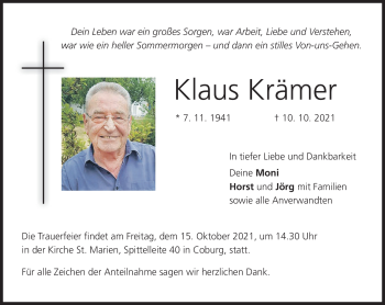 Traueranzeige von Klaus Krämer von Neue Presse Coburg
