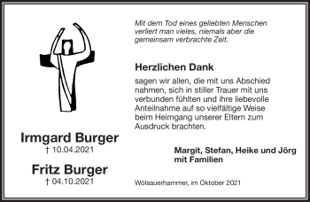 Traueranzeige von IrmgardFritz BurgerBurger von Frankenpost