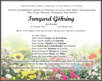 Traueranzeige von irmgard Göhring von Südthüringer Presse