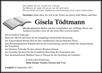 Traueranzeige von Gisela Tödtmann von Südthüringer Presse