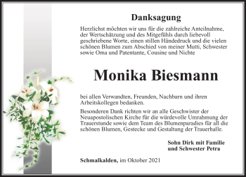 Traueranzeige von Monika Biesmann von Südthüringer Presse