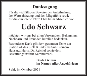 Traueranzeige von Udo Schwarz von Südthüringer Presse