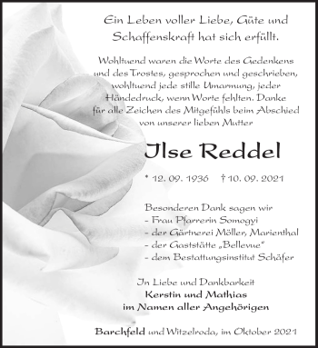 Traueranzeige von Ilse Reddel von Südthüringer Presse
