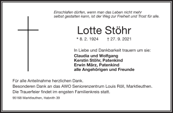 Traueranzeige von Lotte Stöhr von Frankenpost
