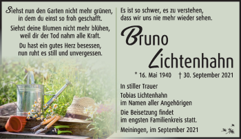 Traueranzeige von Bruno Lichtenhahn von Südthüringer Presse