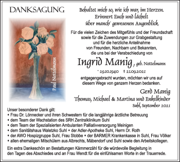 Traueranzeige von Ingrid Manig von Südthüringer Presse