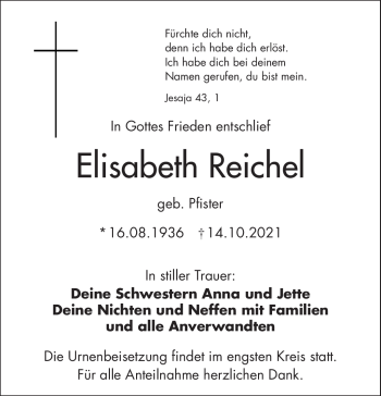 Traueranzeige von Elisabeth Reichel von Frankenpost