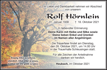 Traueranzeige von Rolf Hörnlein von Südthüringer Presse