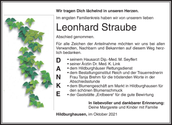 Traueranzeige von Leonhard Straube von Südthüringer Presse