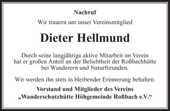 Traueranzeige von Dieter Hellmund von Südthüringer Presse