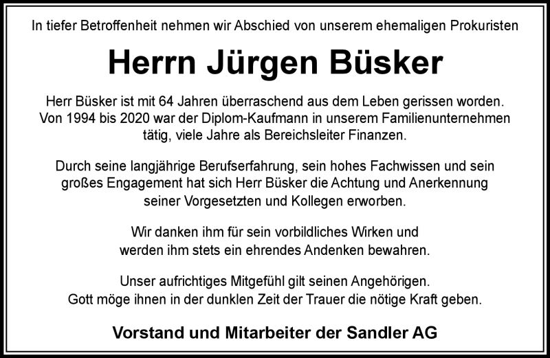  Traueranzeige für Jürgen Büsker vom 08.10.2021 aus Frankenpost