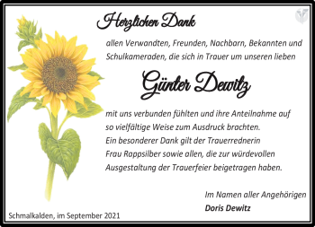 Traueranzeige von Günter Dewitz von Südthüringer Presse