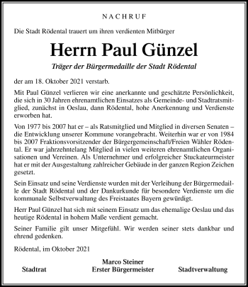 Traueranzeige von Paul Günzel von Neue Presse Coburg