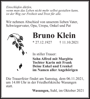Traueranzeige von Bruno Klein von Südthüringer Presse