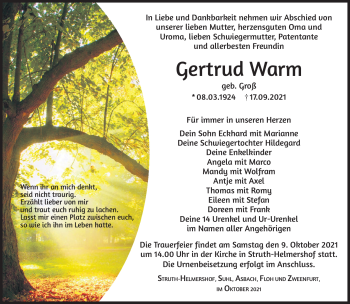 Traueranzeige von Gertrud Warm von Südthüringer Presse
