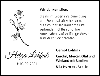 Traueranzeige von Helga Lohfink von Neue Presse Coburg
