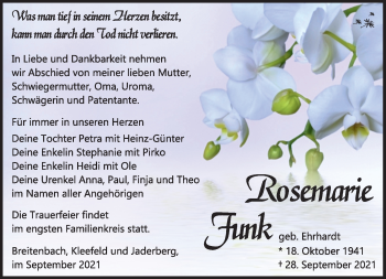 Traueranzeige von Rosmarie Funk von Südthüringer Presse