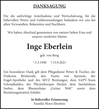 Traueranzeige von Inge Eberlein von Südthüringer Presse