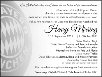 Traueranzeige von Henry Mirring von Südthüringer Presse