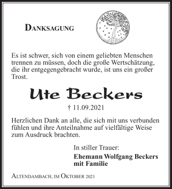 Traueranzeige von Ute Beckers von Südthüringer Presse