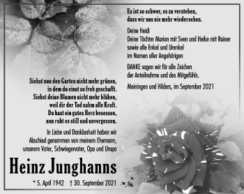 Traueranzeige von Heinz Junghanns von Südthüringer Presse