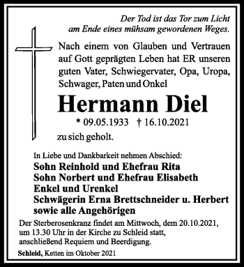 Traueranzeige von Herrmann Diel von Südthüringer Presse