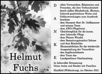 Traueranzeige von Helmut Fuchs von Südthüringer Presse